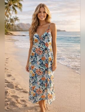 Roxy Tropical Floral Sundress - Blue, Orange & Green
